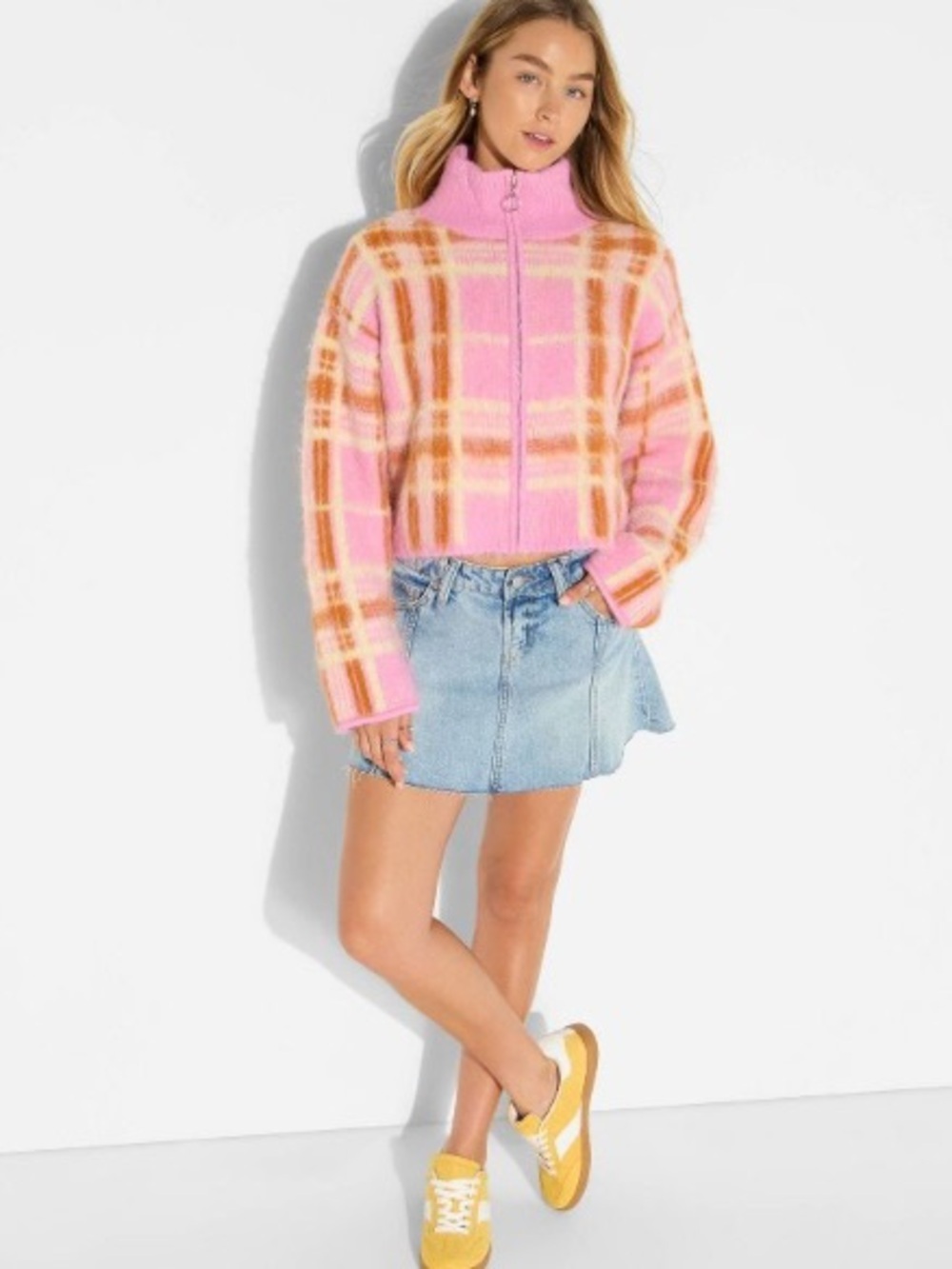 Wild Fable Pink and Peach Plaid Full-Zip Mock Turtleneck Cardigan 🍑